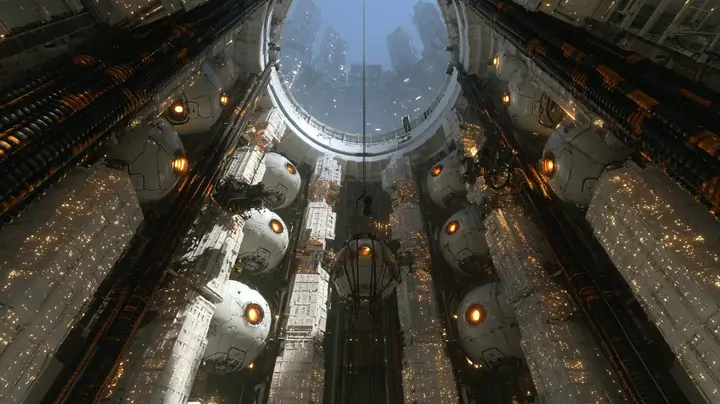 Upward cinematic film still from the floor of a vast cylindrical AI shaft: walls stacked with huge white spherical cores, each with a glowing amber eye, between columns of white compute racks speckled with amber…