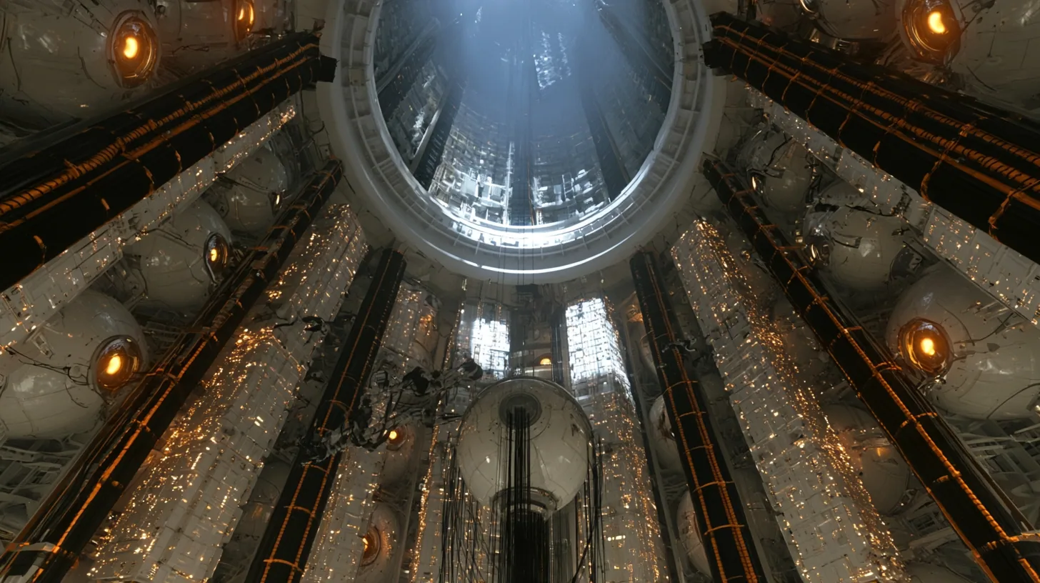 Upward cinematic film still from the floor of a vast cylindrical AI shaft: walls stacked with huge white spherical cores, each with a glowing amber eye, between columns of white compute racks speckled with amber…