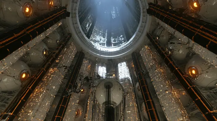 Upward cinematic film still from the floor of a vast cylindrical AI shaft: walls stacked with huge white spherical cores, each with a glowing amber eye, between columns of white compute racks speckled with amber…
