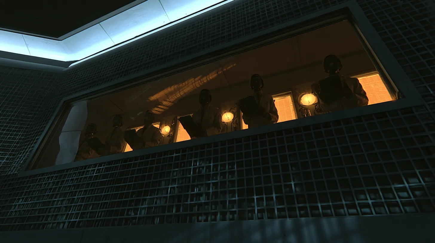 Low-angle cinematic film still: a long tilted observation window set high in a dark lattice wall, five silhouetted scientists in lab coats lined up behind the glass with clipboards, glowing amber monitors and round…