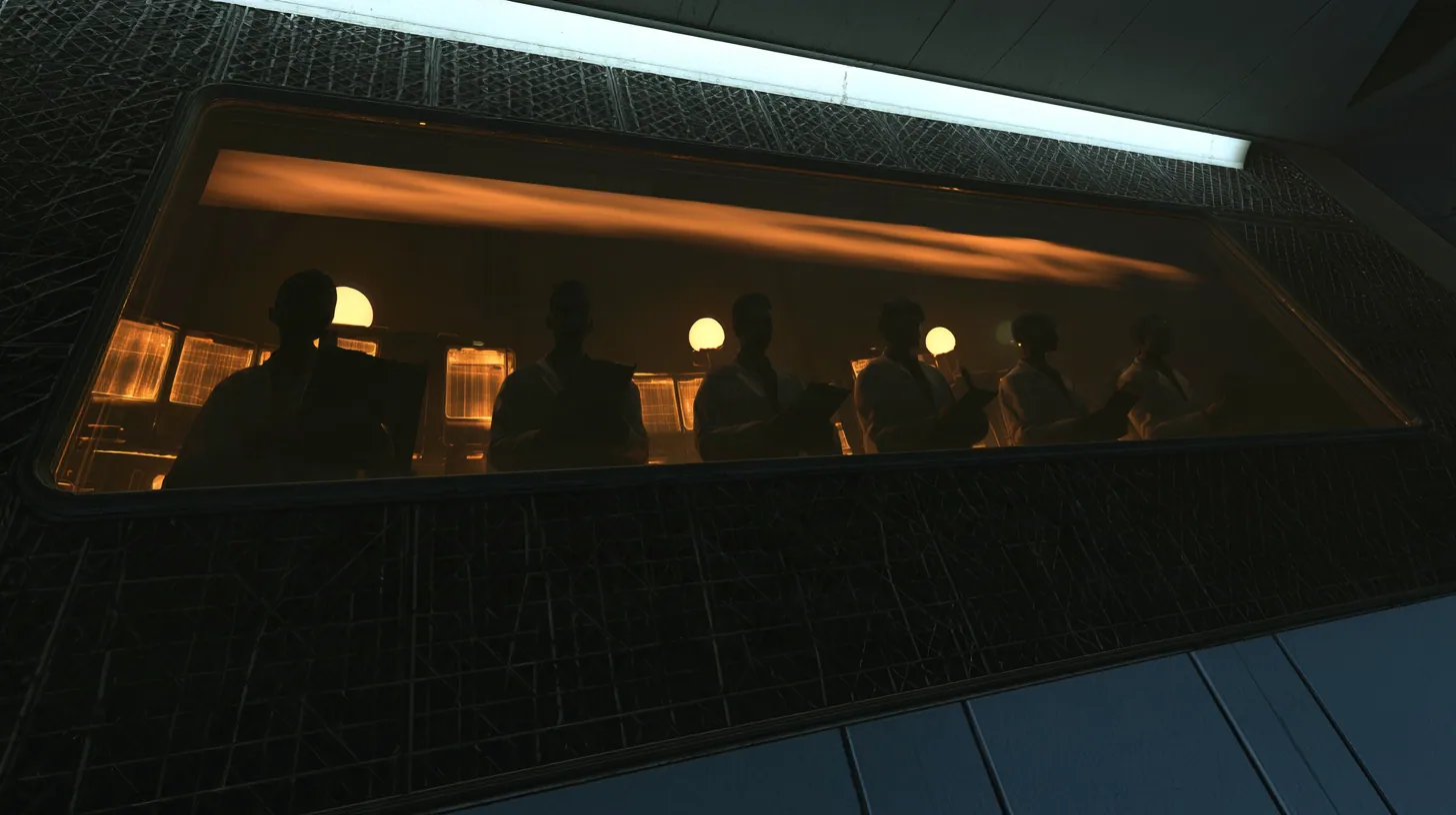Low-angle cinematic film still: a long tilted observation window set high in a dark lattice wall, five silhouetted scientists in lab coats lined up behind the glass with clipboards, glowing amber monitors and round…