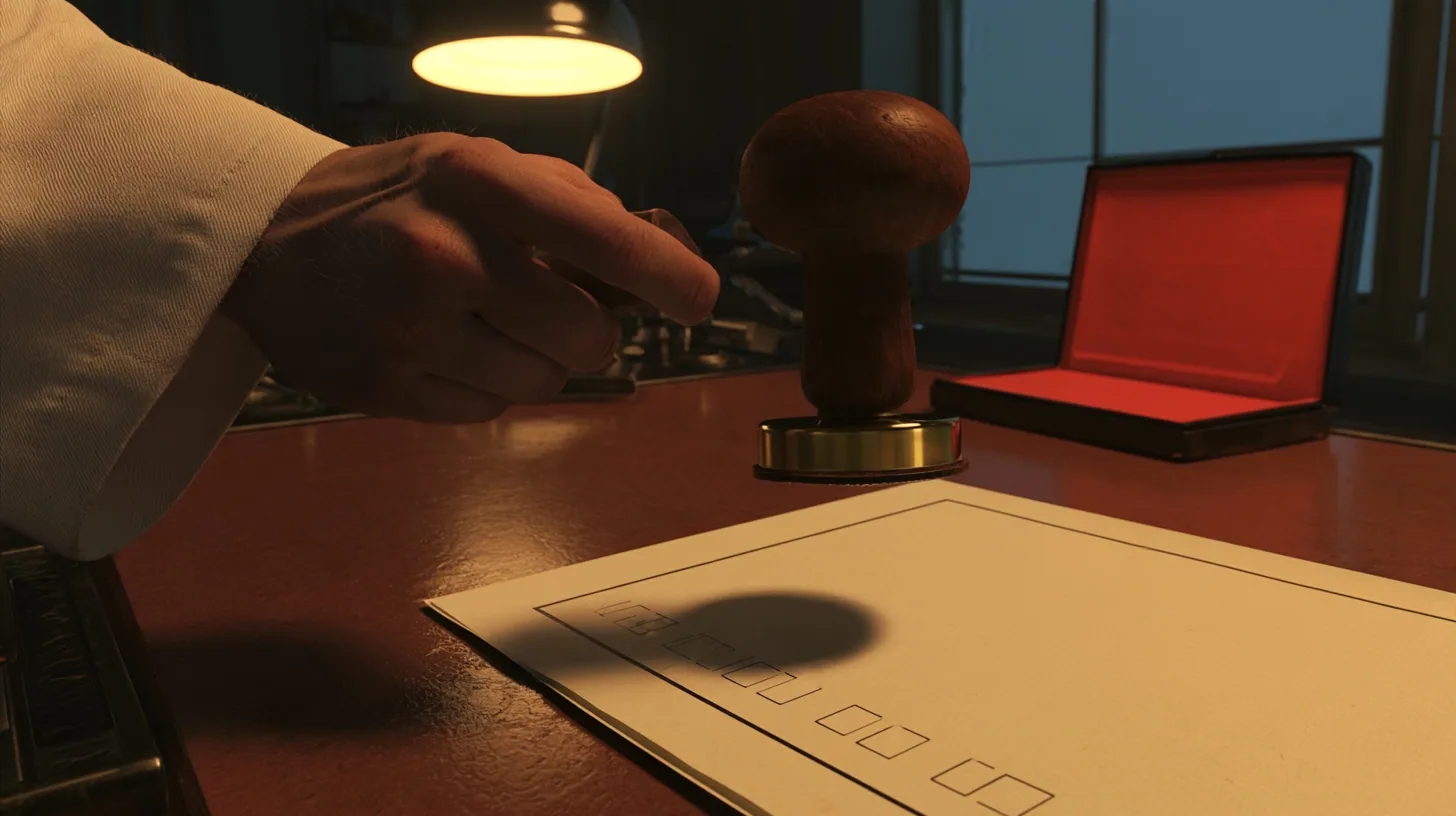 Macro cinematic film still: a heavy wood-handled rubber stamp with a brass collar, held by a hand in a white lab coat sleeve, hovers over a cream form with empty tick boxes on a polished brown desk, an open red ink…