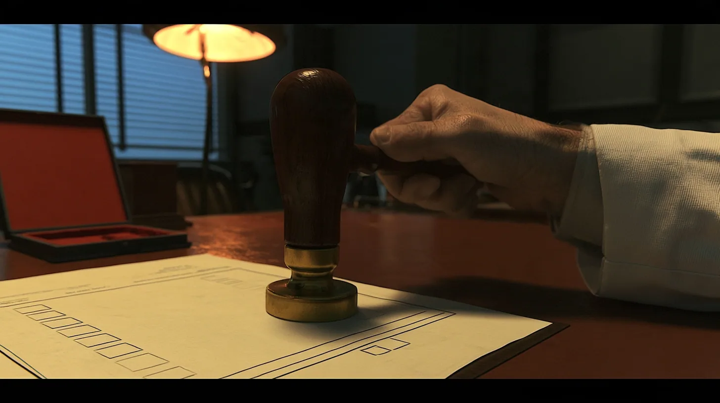 Macro cinematic film still: a heavy wood-handled rubber stamp with a brass collar, held by a hand in a white lab coat sleeve, hovers over a cream form with empty tick boxes on a polished brown desk, an open red ink…