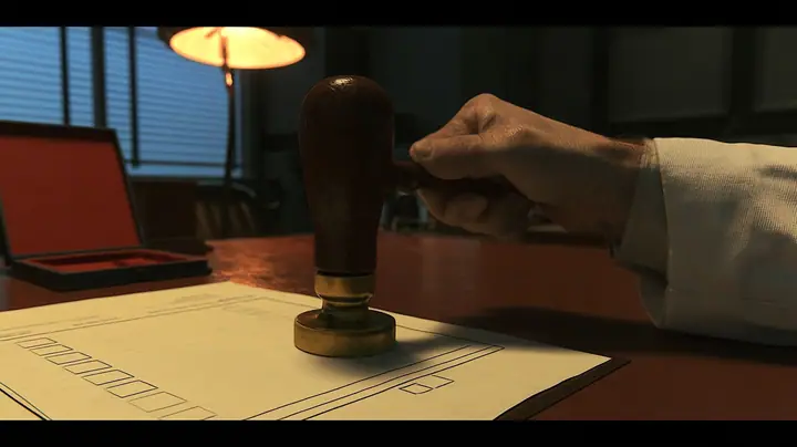 Macro cinematic film still: a heavy wood-handled rubber stamp with a brass collar, held by a hand in a white lab coat sleeve, hovers over a cream form with empty tick boxes on a polished brown desk, an open red ink…
