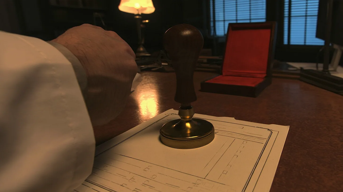 Macro cinematic film still: a heavy wood-handled rubber stamp with a brass collar, held by a hand in a white lab coat sleeve, hovers over a cream form with empty tick boxes on a polished brown desk, an open red ink…