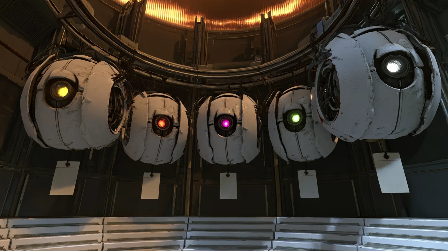 Cinematic film still: a curved overhead rail in a dark chamber holds five scuffed white personality cores in a receding row, their single optics glowing yellow, red, magenta, green and white and darting sideways, a…