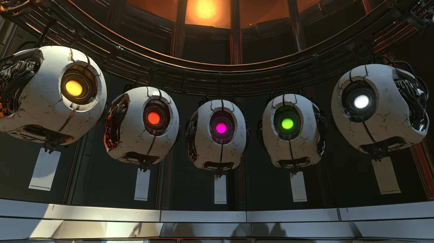 Cinematic film still: a curved overhead rail in a dark chamber holds five scuffed white personality cores in a receding row, their single optics glowing yellow, red, magenta, green and white and darting sideways, a…
