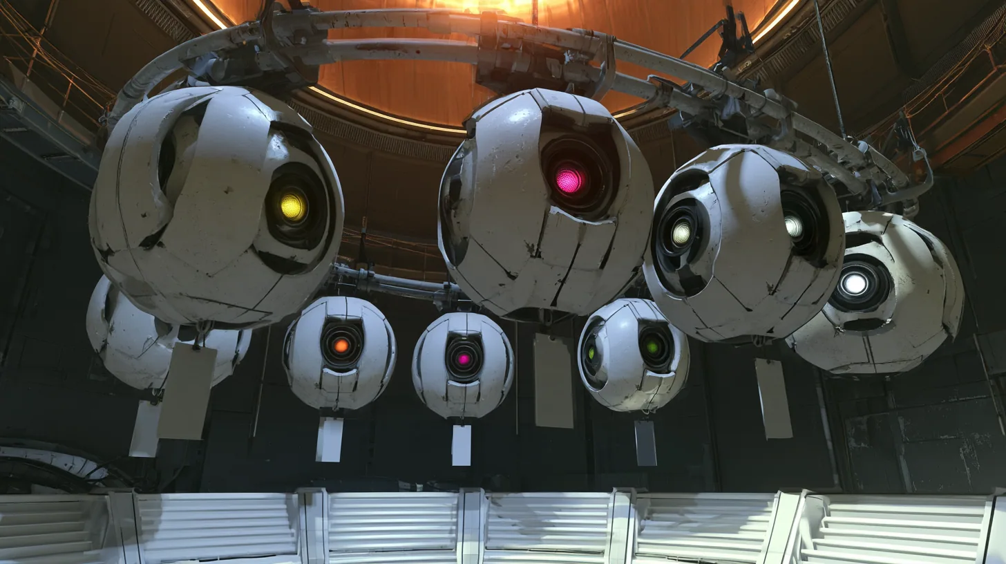 Cinematic film still: a curved overhead rail in a dark chamber holds five scuffed white personality cores in a receding row, their single optics glowing yellow, red, magenta, green and white and darting sideways, a…