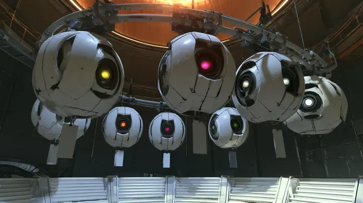 Cinematic film still: a curved overhead rail in a dark chamber holds five scuffed white personality cores in a receding row, their single optics glowing yellow, red, magenta, green and white and darting sideways, a…