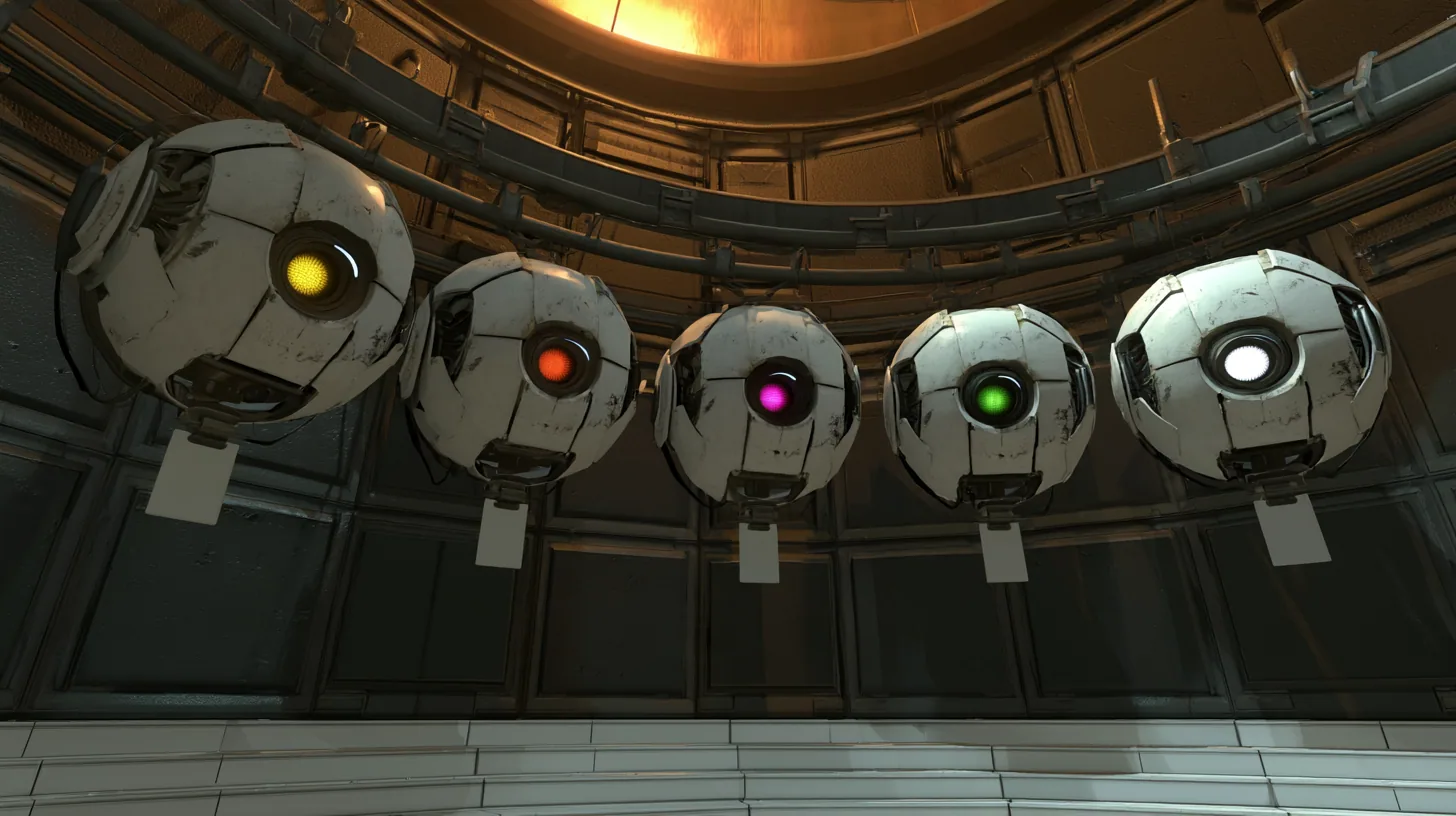 Cinematic film still: a curved overhead rail in a dark chamber holds five scuffed white personality cores in a receding row, their single optics glowing yellow, red, magenta, green and white and darting sideways, a…