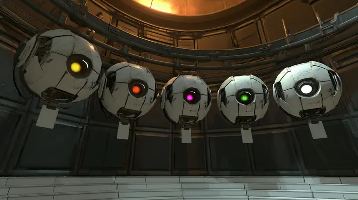 Cinematic film still: a curved overhead rail in a dark chamber holds five scuffed white personality cores in a receding row, their single optics glowing yellow, red, magenta, green and white and darting sideways, a…