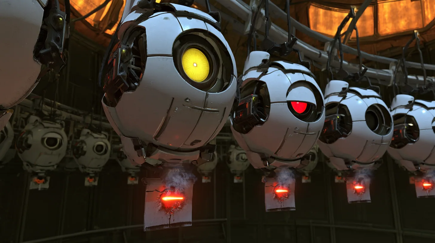 Close cinematic film still: a row of hanging white personality cores on a curved rail, the nearest yellow optic wide open and glowing, the next red optic half lidded and sulking, each core with a small tag below…