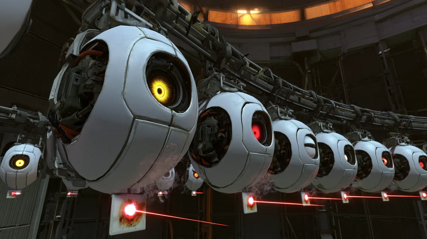 Close cinematic film still: a row of hanging white personality cores on a curved rail, the nearest yellow optic wide open and glowing, the next red optic half lidded and sulking, each core with a small tag below…
