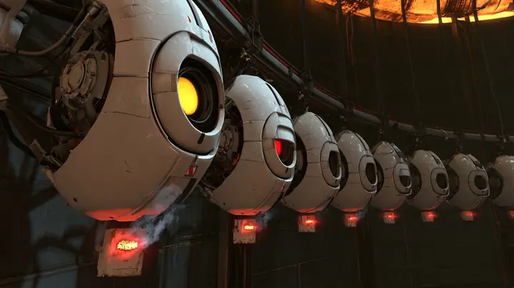 Close cinematic film still: a row of hanging white personality cores on a curved rail, the nearest yellow optic wide open and glowing, the next red optic half lidded and sulking, each core with a small tag below…