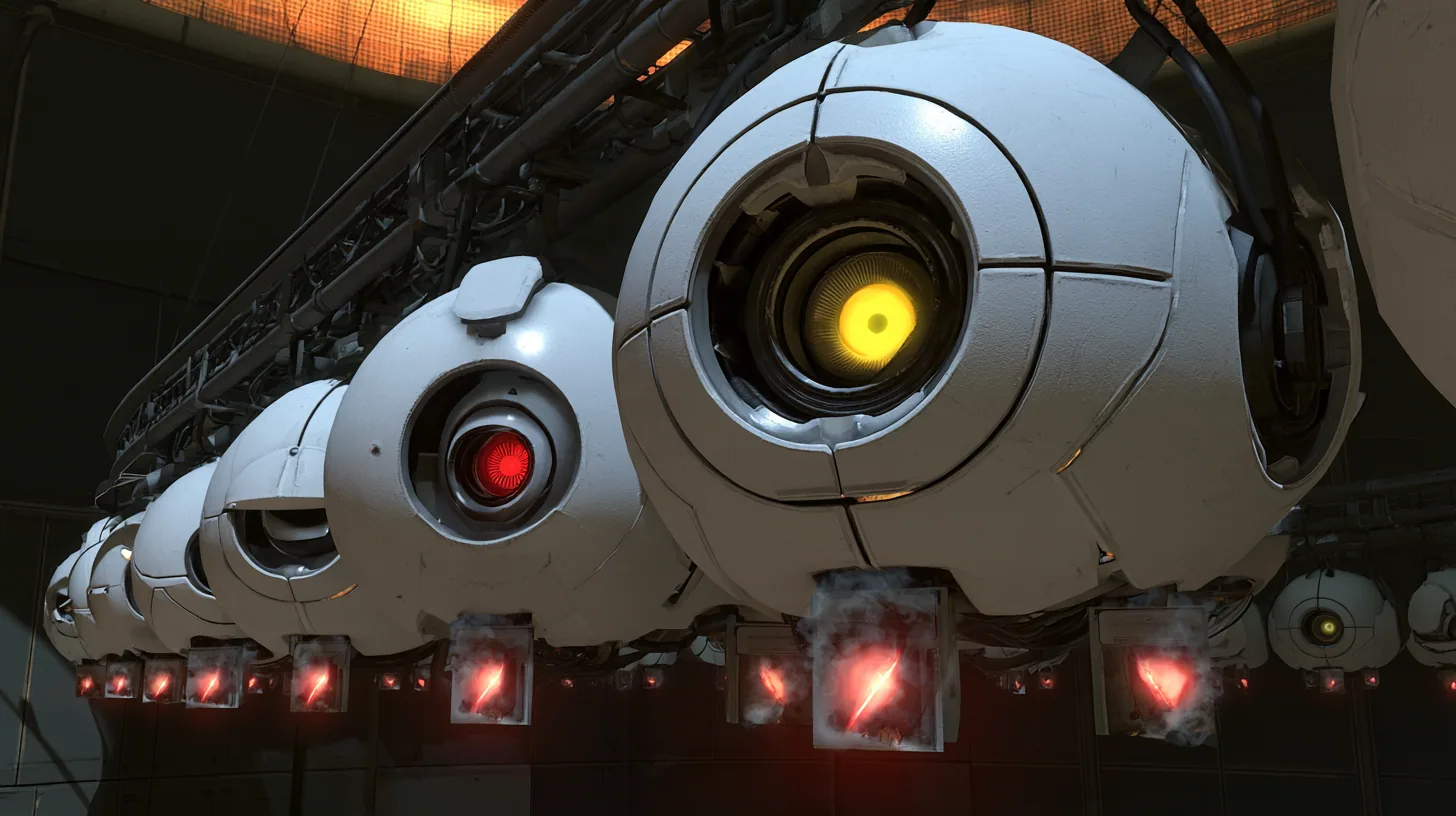Close cinematic film still: a row of hanging white personality cores on a curved rail, the nearest yellow optic wide open and glowing, the next red optic half lidded and sulking, each core with a small tag below…