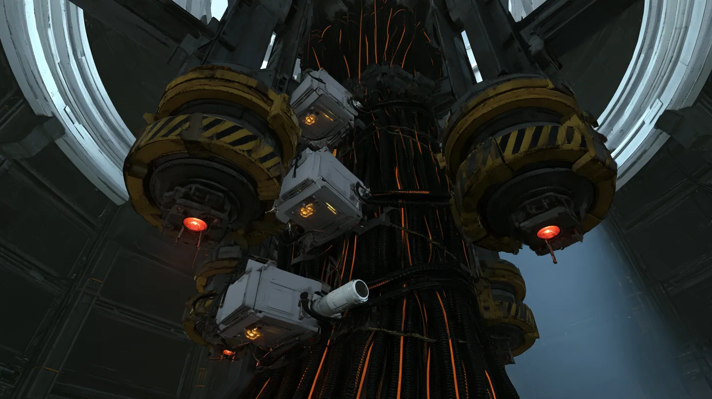 Cinematic film still: two huge yellow and black hazard-striped steel collars with red lamps lock a thick bundle of black orange-striped cables to steel beams beneath a white ceiling ring, white compute modules with…