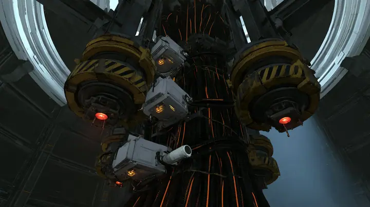 Cinematic film still: two huge yellow and black hazard-striped steel collars with red lamps lock a thick bundle of black orange-striped cables to steel beams beneath a white ceiling ring, white compute modules with…