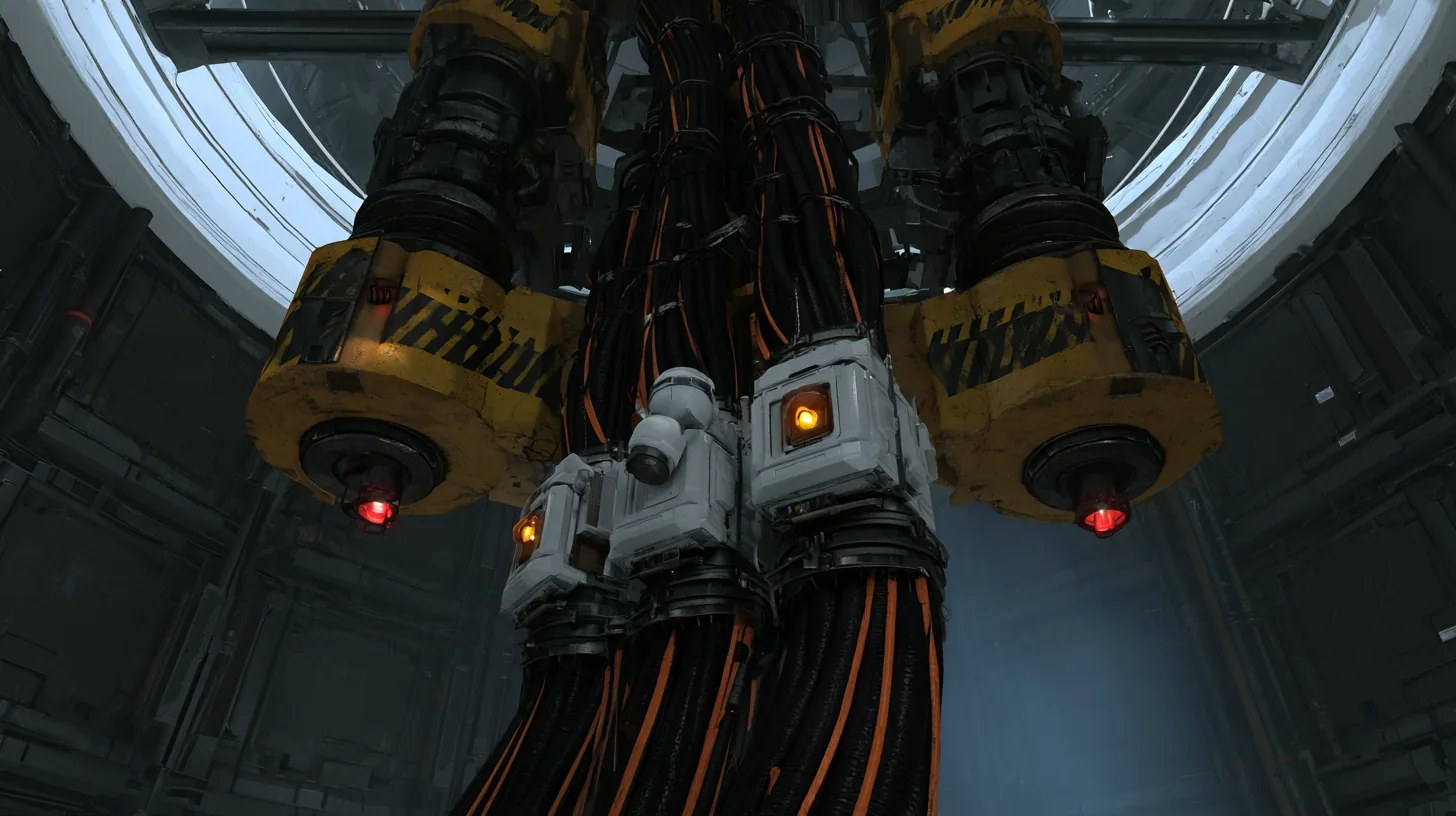Cinematic film still: two huge yellow and black hazard-striped steel collars with red lamps lock a thick bundle of black orange-striped cables to steel beams beneath a white ceiling ring, white compute modules with…