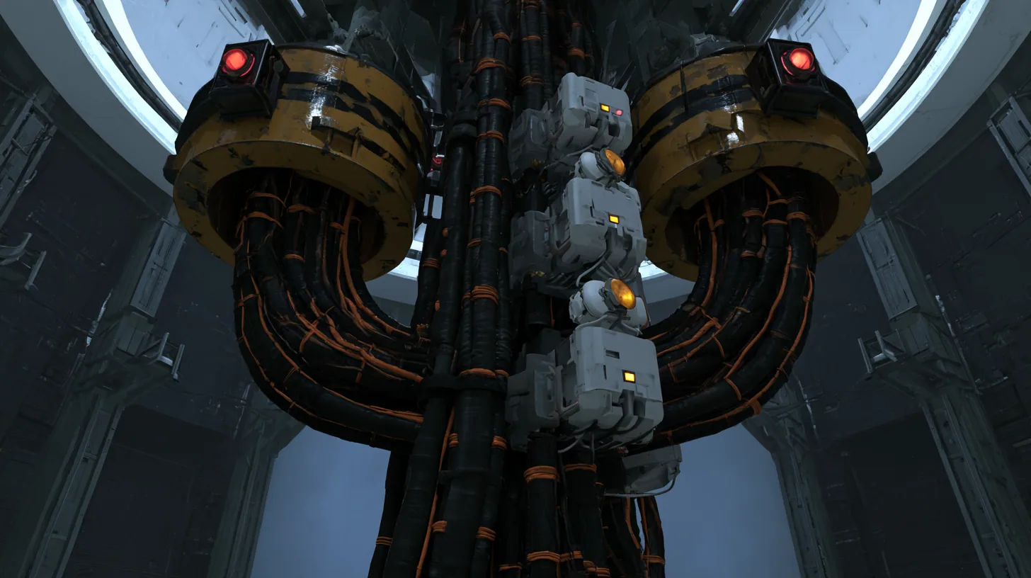 Cinematic film still: two huge yellow and black hazard-striped steel collars with red lamps lock a thick bundle of black orange-striped cables to steel beams beneath a white ceiling ring, white compute modules with…