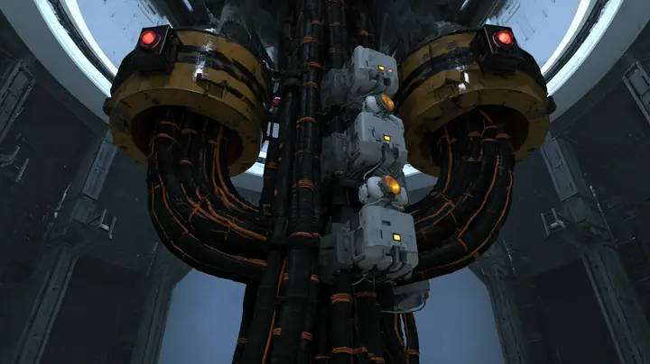 Cinematic film still: two huge yellow and black hazard-striped steel collars with red lamps lock a thick bundle of black orange-striped cables to steel beams beneath a white ceiling ring, white compute modules with…
