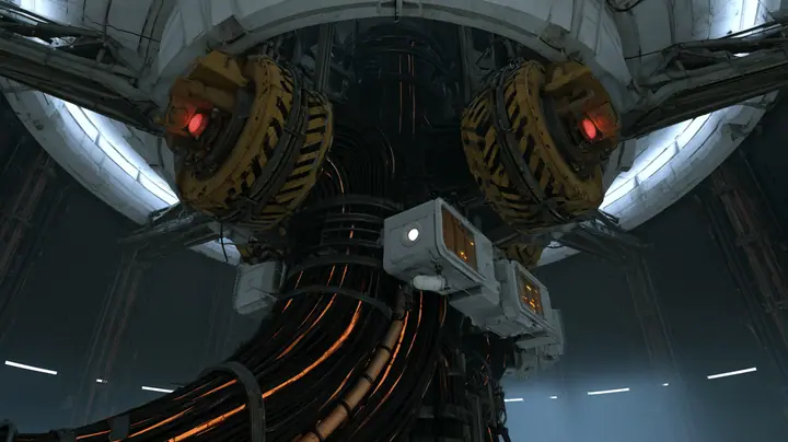 Cinematic film still: two huge yellow and black hazard-striped steel collars with red lamps lock a thick bundle of black orange-striped cables to steel beams beneath a white ceiling ring, white compute modules with…
