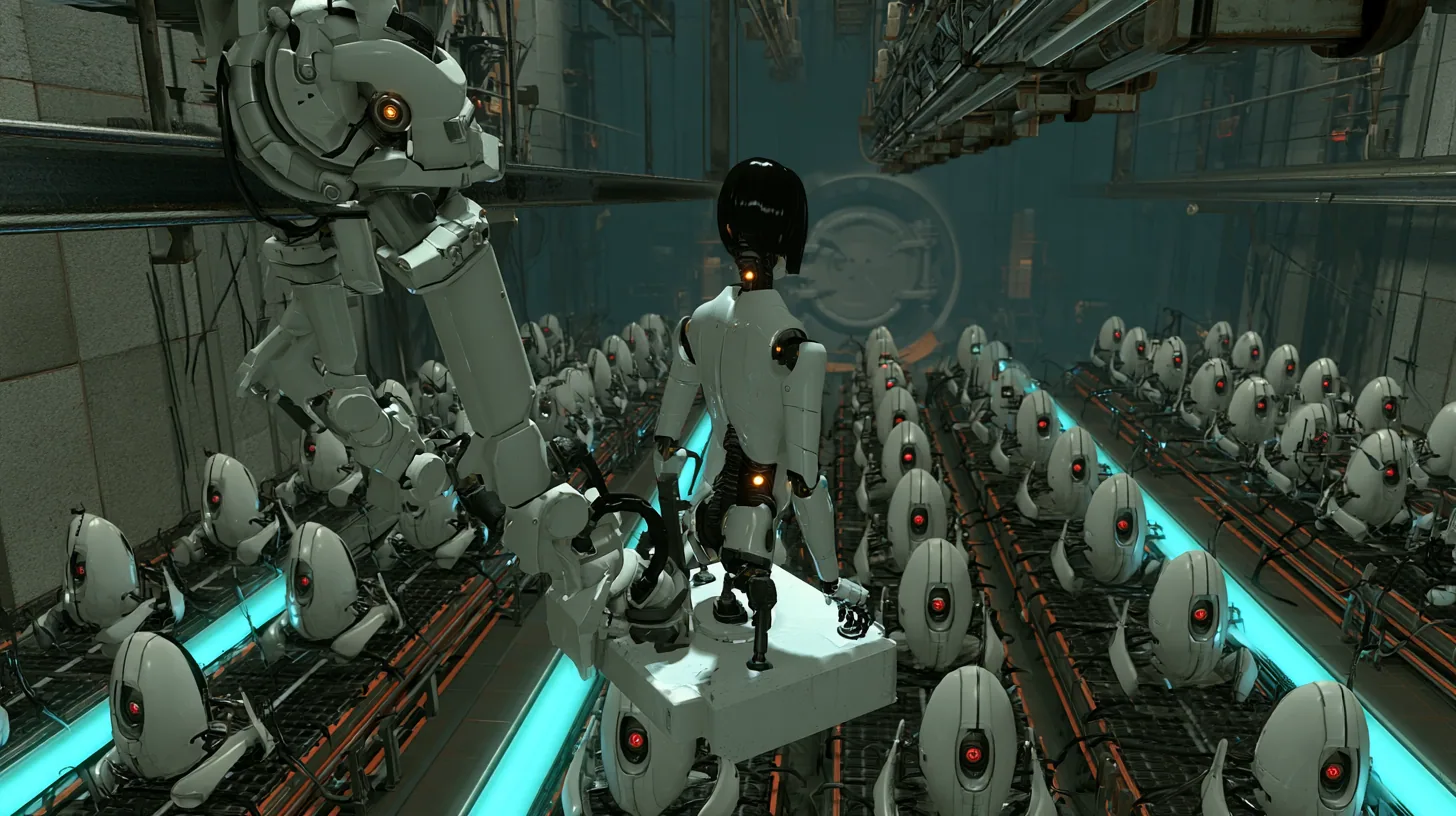 Cinematic film still from high above a dim Aperture turret factory: a jointed white robot arm on an overhead rail holds a small white plinth where a slender porcelain-white android woman stands, seen from behind,…
