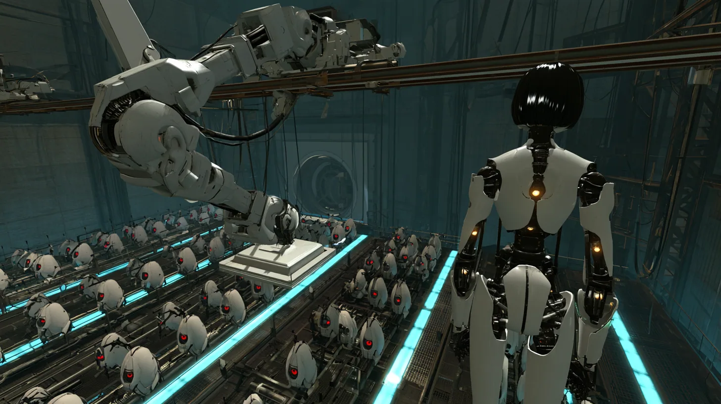 Cinematic film still from high above a dim Aperture turret factory: a jointed white robot arm on an overhead rail holds a small white plinth where a slender porcelain-white android woman stands, seen from behind,…