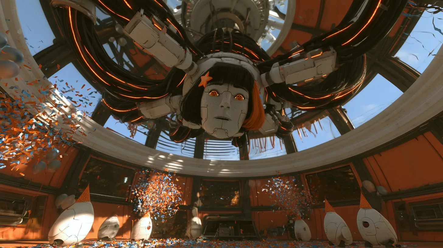joyful cinematic film still, low angle on the floor of a giant domed robot chamber decorated for a party, the camera starting to crane up: two confetti cannons blast orange, blue and white confetti into the air,…