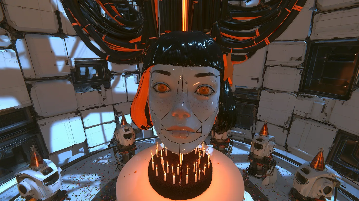 overhead cinematic film still looking down into a party in a domed robot chamber: on a round white table sits one big black forest cake with many lit candles; above it hangs one large porcelain-white female android…