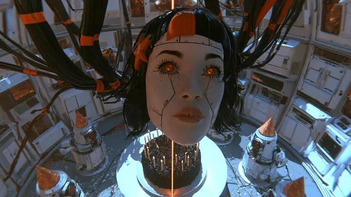 overhead cinematic film still looking down into a party in a domed robot chamber: on a round white table sits one big black forest cake with many lit candles; above it hangs one large porcelain-white female android…