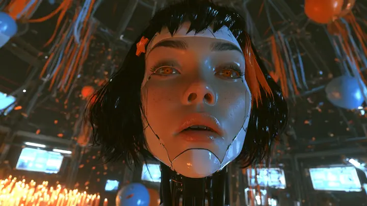intimate close-up film still from slightly below of a large porcelain-white female android face hanging on a black mechanical neck: fine panel seams down the cheeks, a separate jaw piece, light freckles, warm amber…