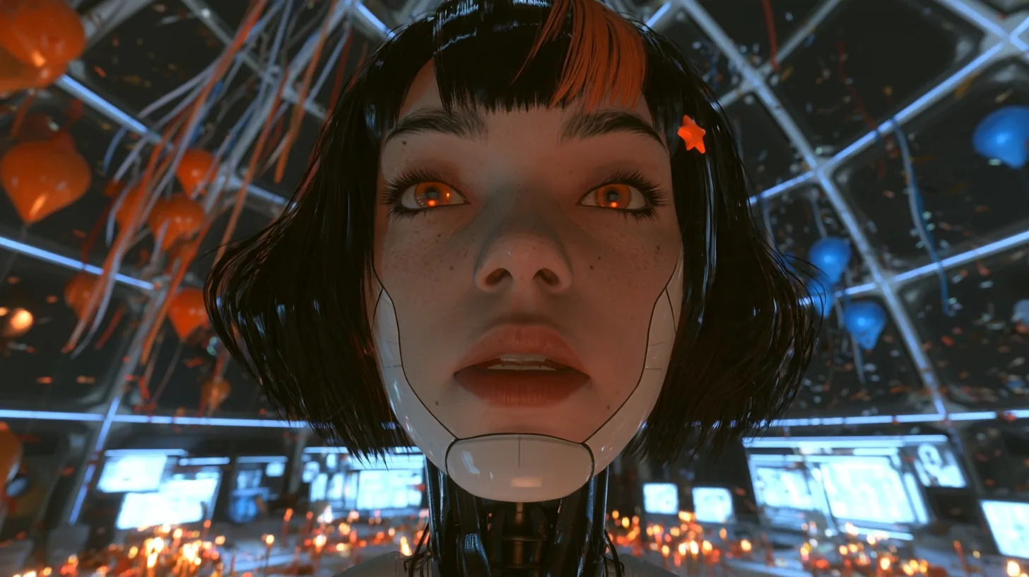 intimate close-up film still from slightly below of a large porcelain-white female android face hanging on a black mechanical neck: fine panel seams down the cheeks, a separate jaw piece, light freckles, warm amber…