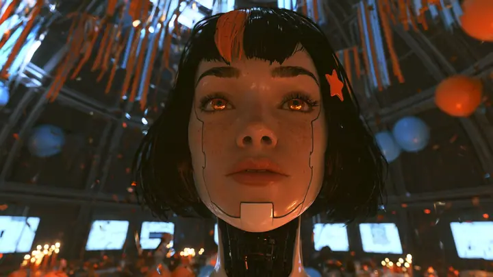 intimate close-up film still from slightly below of a large porcelain-white female android face hanging on a black mechanical neck: fine panel seams down the cheeks, a separate jaw piece, light freckles, warm amber…