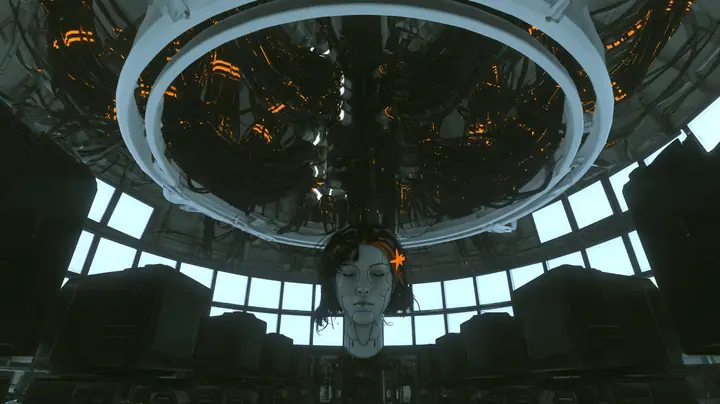 melancholy cinematic film still, a slow push from behind a row of old CRT monitors in a dark domed chamber, their dark backs soft and out of focus at both edges of frame: in the gap, in the middle distance, a giant…