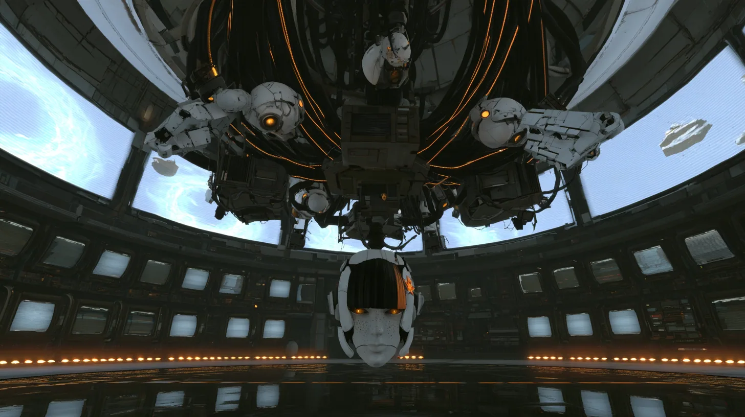 low-angle wide cinematic film still from the floor of a vast domed robot chamber in Portal 2, the camera about to crane upward: hanging upside down from a gleaming double white ring in the ceiling, a colossal AI boom…