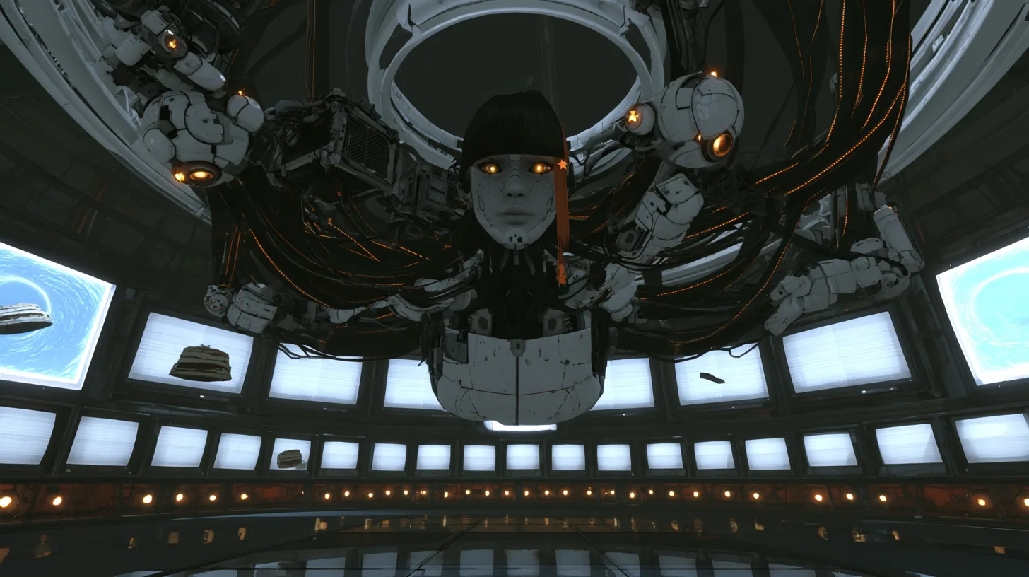 low-angle wide cinematic film still from the floor of a vast domed robot chamber in Portal 2, the camera about to crane upward: hanging upside down from a gleaming double white ring in the ceiling, a colossal AI boom…
