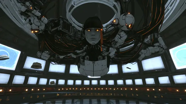 low-angle wide cinematic film still from the floor of a vast domed robot chamber in Portal 2, the camera about to crane upward: hanging upside down from a gleaming double white ring in the ceiling, a colossal AI boom…