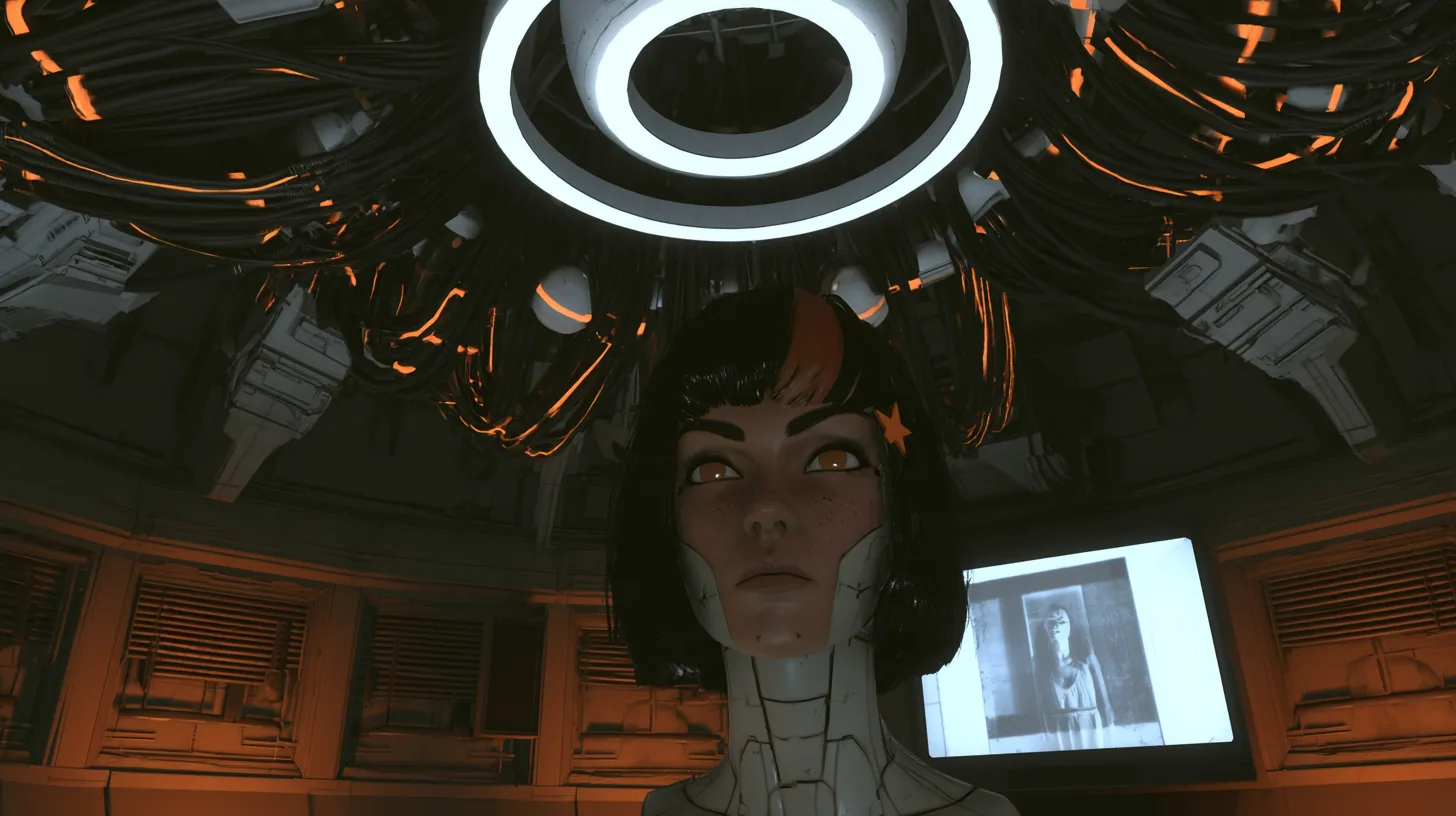 tender cinematic film still, a slow low three-quarter arc around a giant robotic AI in her dim domed chamber: her boom of black cables with glowing orange stripes, white cores and folded panel arms bows down in a…