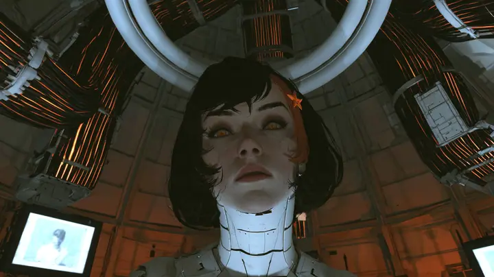 tender cinematic film still, a slow low three-quarter arc around a giant robotic AI in her dim domed chamber: her boom of black cables with glowing orange stripes, white cores and folded panel arms bows down in a…