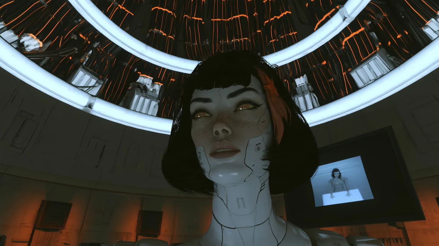 tender cinematic film still, a slow low three-quarter arc around a giant robotic AI in her dim domed chamber: her boom of black cables with glowing orange stripes, white cores and folded panel arms bows down in a…