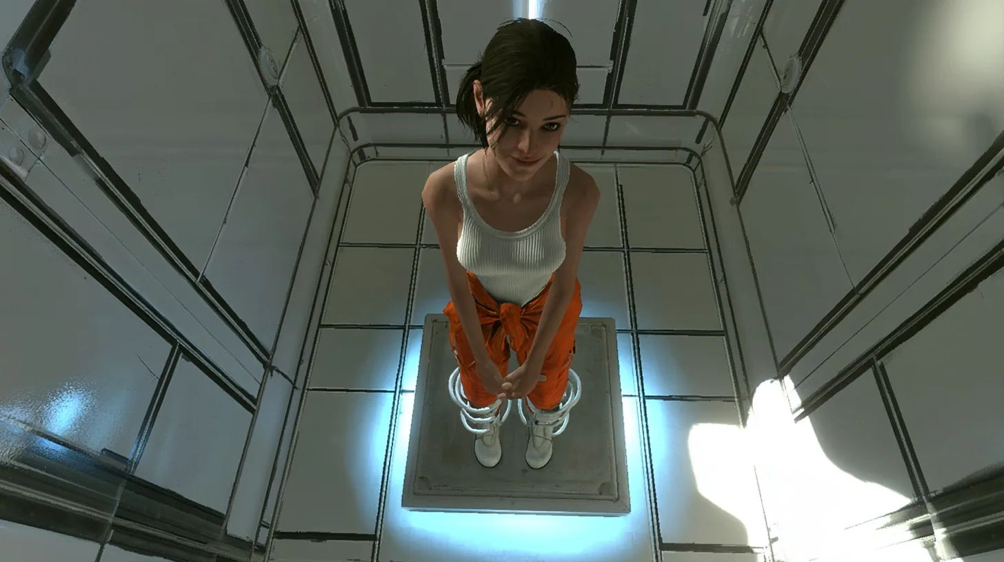 high-angle film still looking down from above at a lean athletic woman of about 30 standing on a square aerial faith plate in the middle of a clean white Portal 2 test chamber, her dark brown hair in a ponytail,…