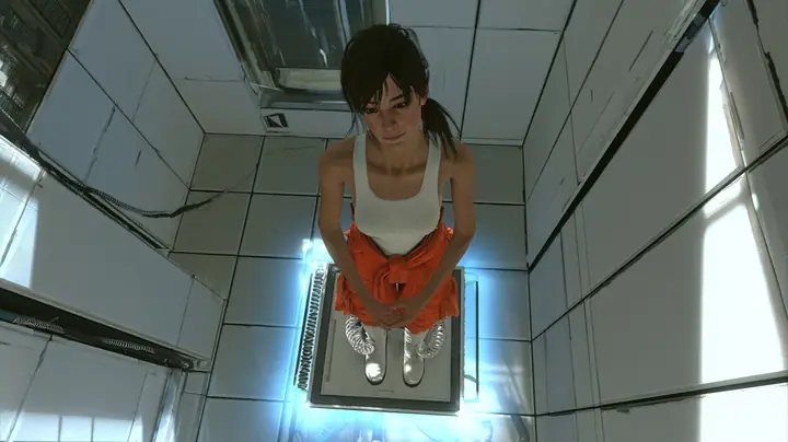 high-angle film still looking down from above at a lean athletic woman of about 30 standing on a square aerial faith plate in the middle of a clean white Portal 2 test chamber, her dark brown hair in a ponytail,…