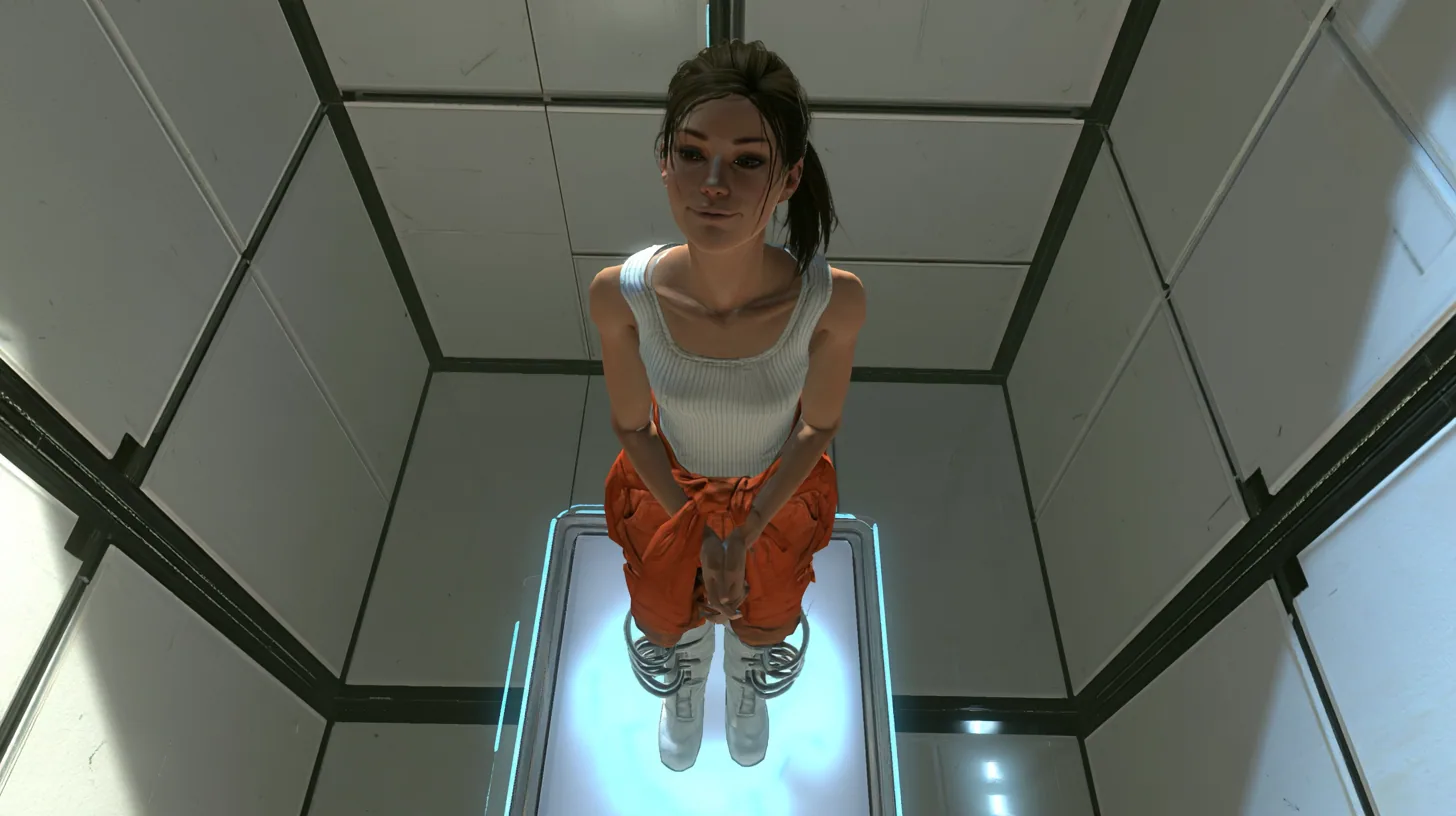 high-angle film still looking down from above at a lean athletic woman of about 30 standing on a square aerial faith plate in the middle of a clean white Portal 2 test chamber, her dark brown hair in a ponytail,…