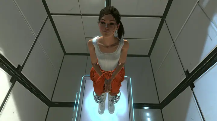 high-angle film still looking down from above at a lean athletic woman of about 30 standing on a square aerial faith plate in the middle of a clean white Portal 2 test chamber, her dark brown hair in a ponytail,…