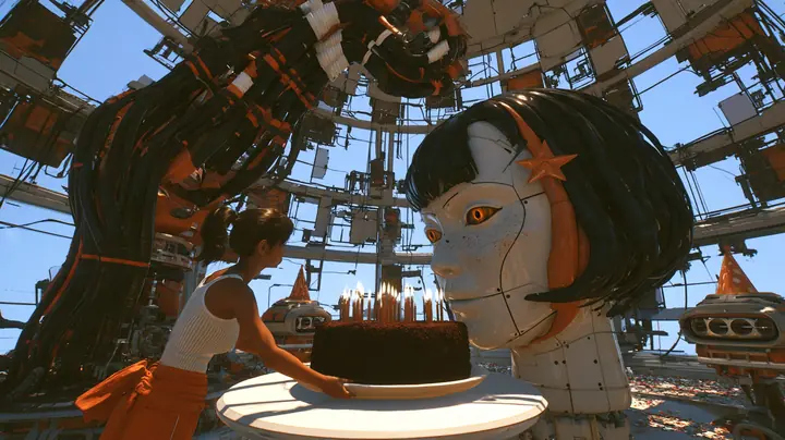 warm cinematic film still at a party in a domed robot chamber: a lean woman of about 30 with a dark brown ponytail, white ribbed tank top and an orange jumpsuit tied at the waist reaches a round white table holding a…