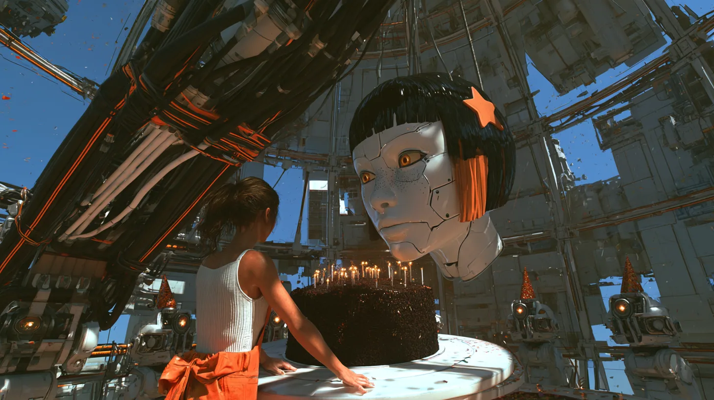 warm cinematic film still at a party in a domed robot chamber: a lean woman of about 30 with a dark brown ponytail, white ribbed tank top and an orange jumpsuit tied at the waist reaches a round white table holding a…