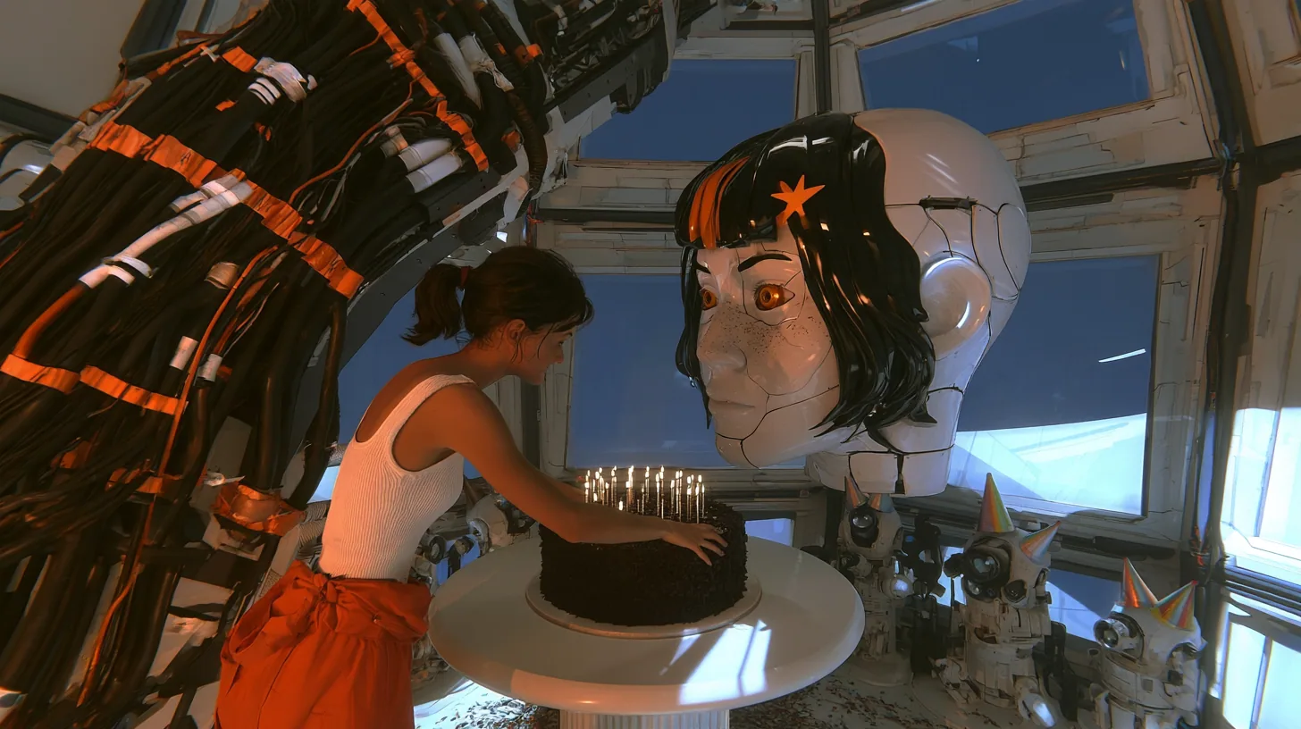 warm cinematic film still at a party in a domed robot chamber: a lean woman of about 30 with a dark brown ponytail, white ribbed tank top and an orange jumpsuit tied at the waist reaches a round white table holding a…