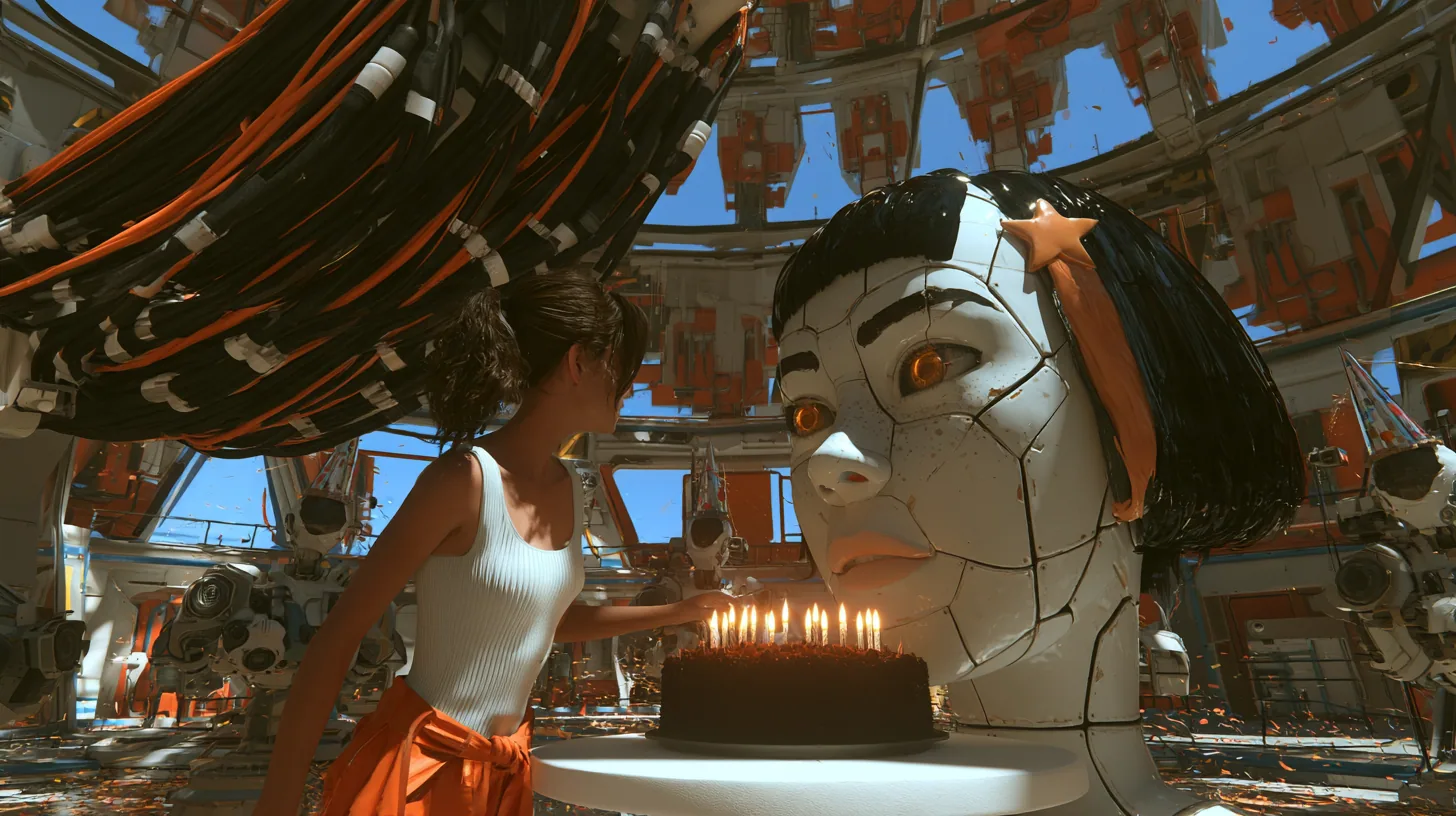 warm cinematic film still at a party in a domed robot chamber: a lean woman of about 30 with a dark brown ponytail, white ribbed tank top and an orange jumpsuit tied at the waist reaches a round white table holding a…
