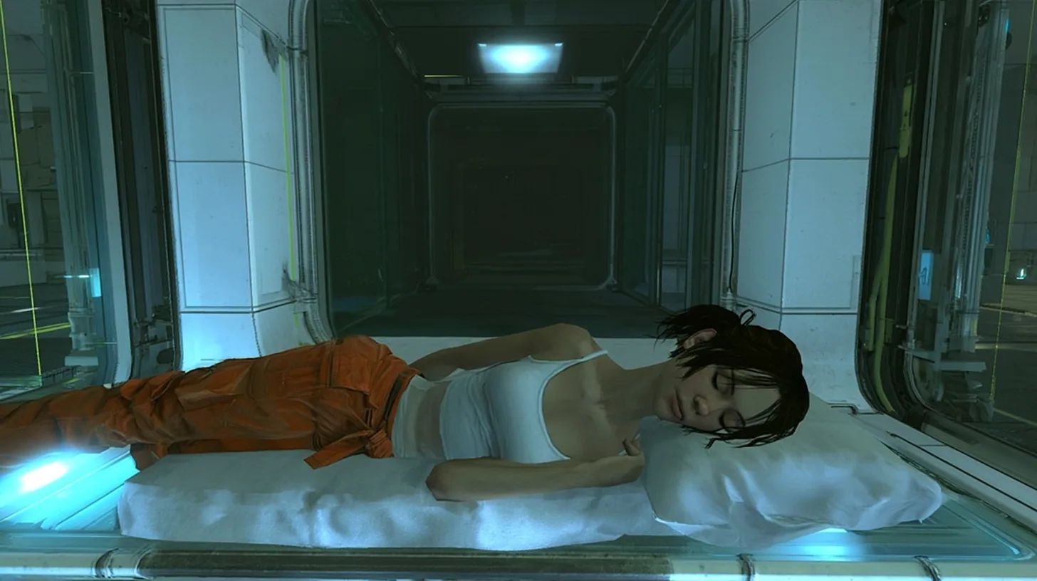 quiet cinematic film still, a slow dolly toward a bed in a small sealed sleeping room of white panels and glass walls deep inside a Portal 2 facility at night: a woman of about 30 with dark brown hair in a loose…