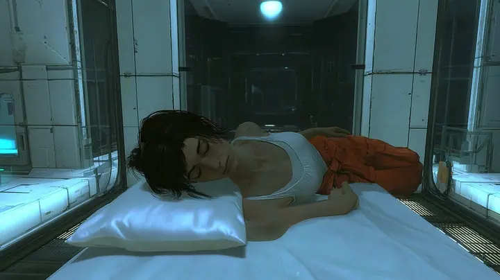 quiet cinematic film still, a slow dolly toward a bed in a small sealed sleeping room of white panels and glass walls deep inside a Portal 2 facility at night: a woman of about 30 with dark brown hair in a loose…